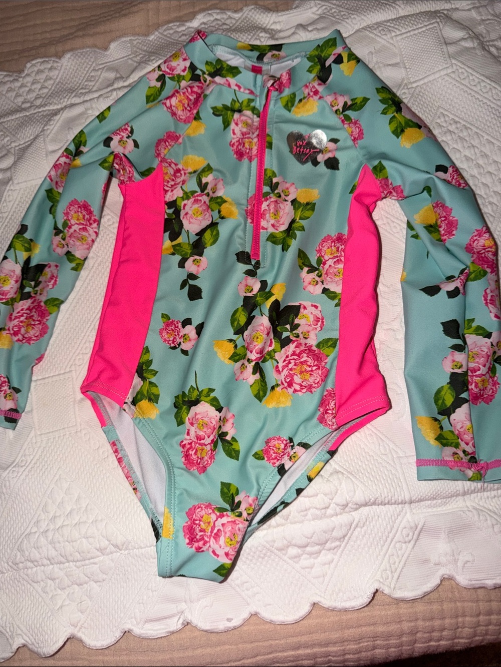 Betsey Johnson Girls' Floral Long-Sleeve One-Piece Swimsuit - Aqua & Hot Pink
